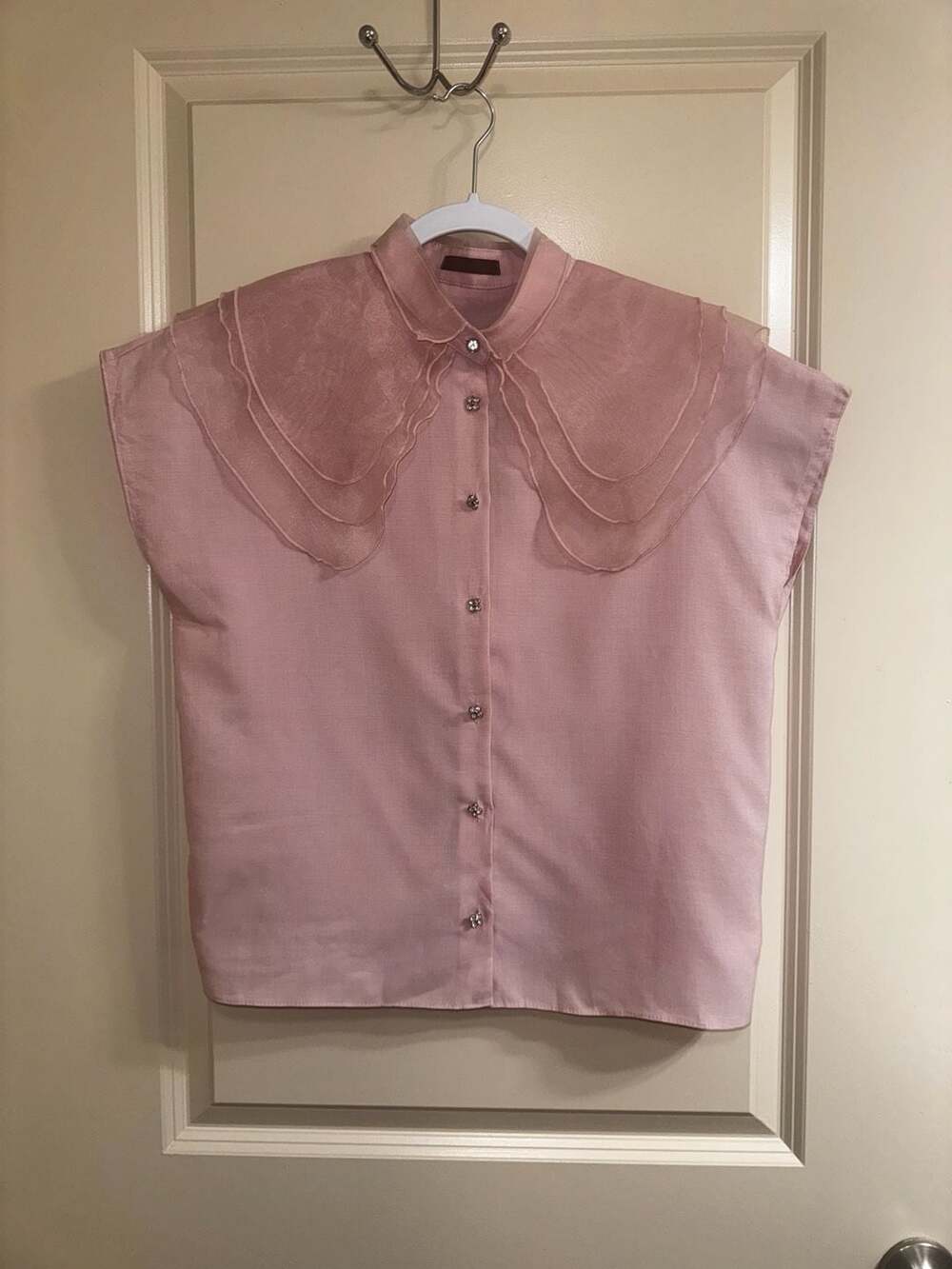Chocola Korean Brand Dusty Pink Organza Peter Pan Collar Rhinestone Button Blous